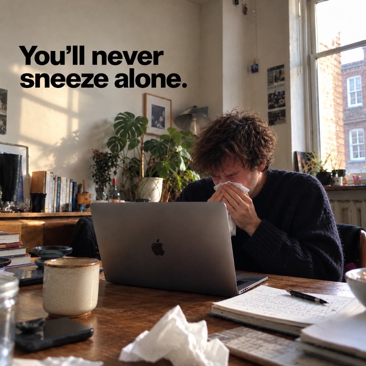 A man sneezing at his laptop at a cluttered desk, with the line 'You'll never sneeze alone.' on the wall behind him.